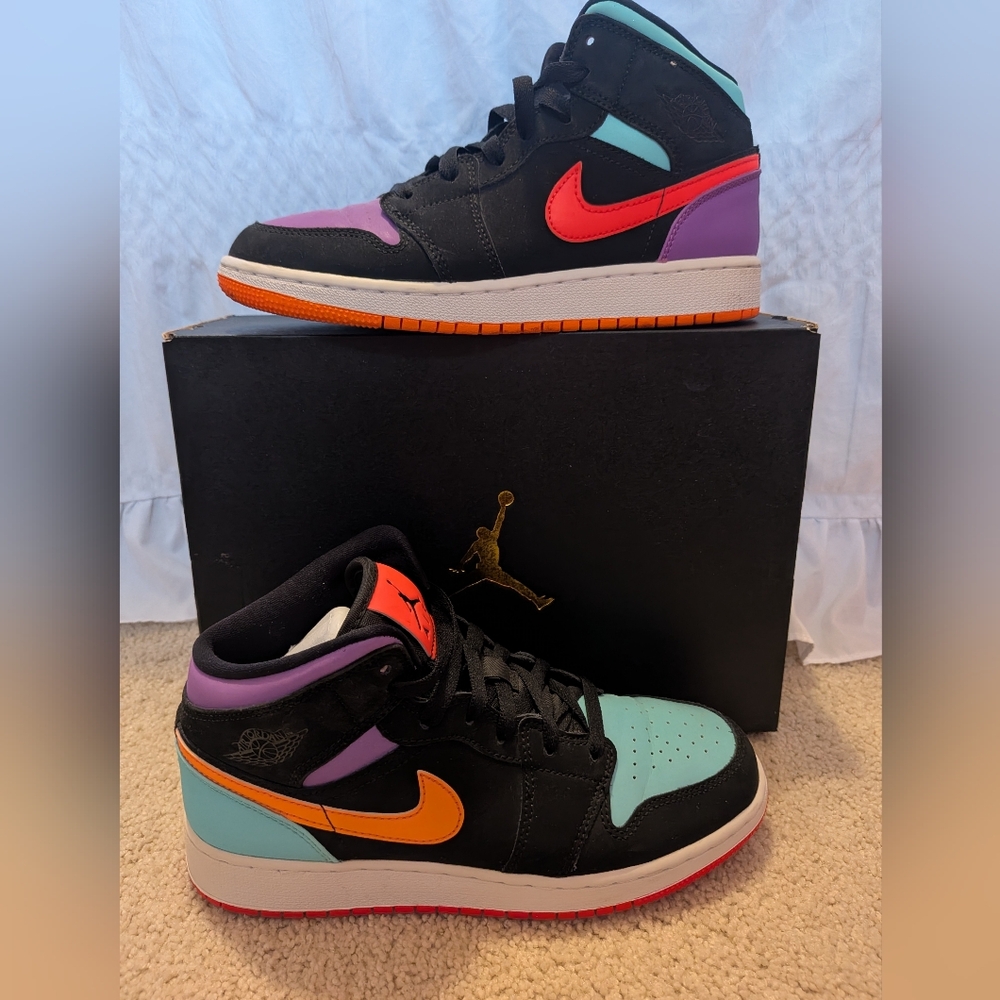 Nike Air Jordan 1 Mid - Black with Teal, Purple & Orange Size 6Y EUC